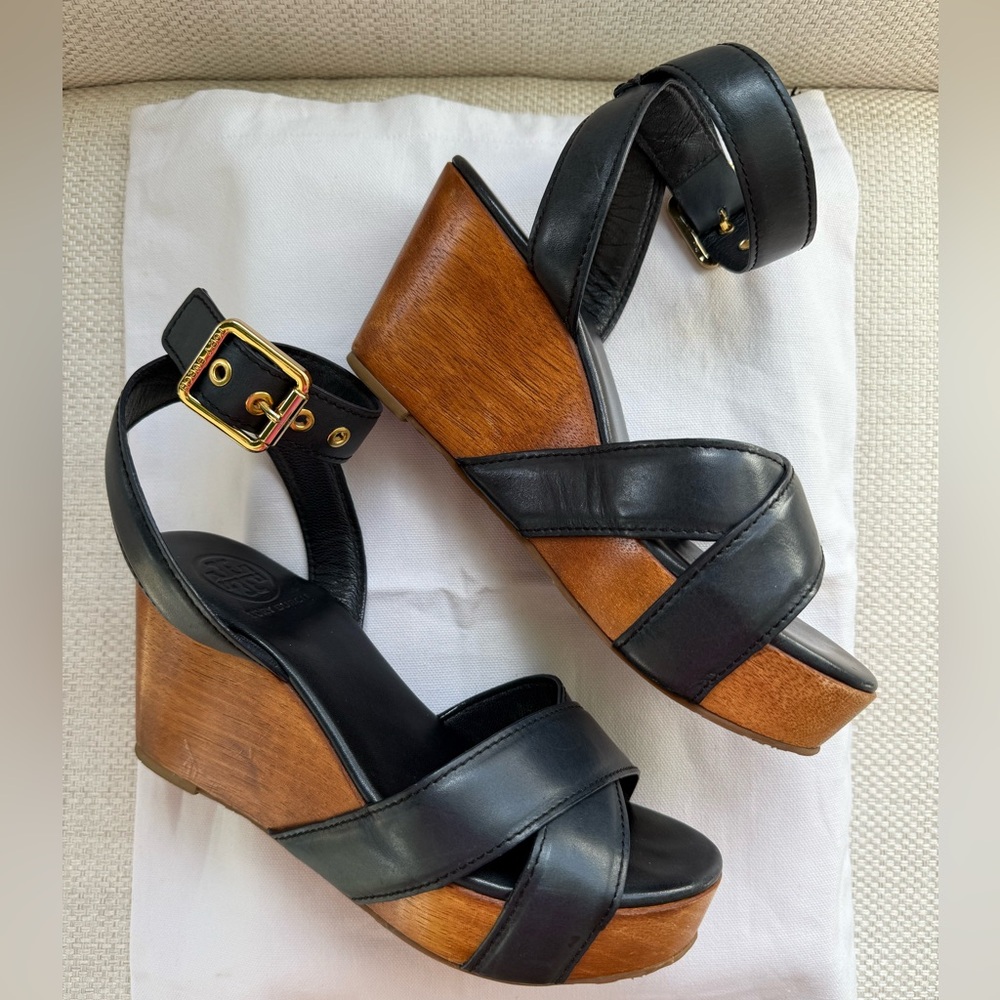 Tory Burch Vintage Navy Ankle Strap with Wooden Platform Wedge